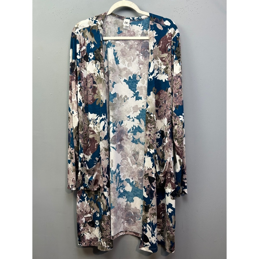 Sew In Love Cardigan Women 3X Teal Floral Open Front Longline Pocket Garden
